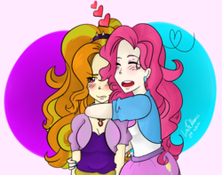 Size: 1257x991 | Tagged: safe, artist:amagician, adagio dazzle, pinkie pie, human, equestria girls, g4, my little pony equestria girls: rainbow rocks, adaginkie, adoragio, blushing, cute, dazzlebetes, embrace, female, hug, human coloration, lesbian, ship:dazzlepie, shipping, size difference