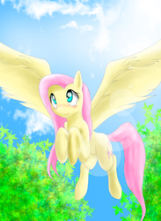 Size: 2911x3969 | Tagged: safe, artist:sadakathebronywolf, fluttershy, pegasus, pony, g4, blushing, cloud, cute, female, flying, high res, lens flare, mare, shyabetes, sky, solo, spread wings, wings