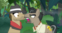 Size: 1600x866 | Tagged: safe, screencap, biff, doctor caballeron, earth pony, pony, daring doubt, g4, accidental boop, angry, boop, duo, fedora, hat, henchmen, jungle, male, noseboop, stallion, yelling