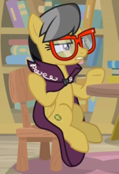 Size: 583x854 | Tagged: safe, screencap, a.k. yearling, daring do, pegasus, pony, daring doubt, g4, book, bookshelf, chair, croppred, disguise, female, glasses, mare, sitting, solo