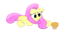 Size: 1280x750 | Tagged: safe, artist:ultimatewino, fluttershy, pegasus, pony, g4, cute, female, floppy ears, food, looking at something, muffin, prone, sad, shyabetes, simple background, solo, transparent background