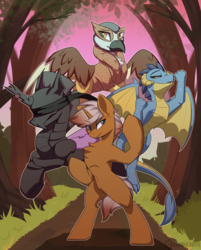 Size: 3435x4266 | Tagged: safe, artist:beardie, oc, oc only, changeling, dragon, griffon, pony, unicorn, forest, griffon oc, group picture, party