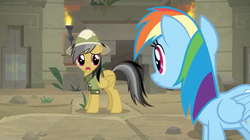 Size: 1600x898 | Tagged: safe, screencap, daring do, rainbow dash, pony, daring doubt, g4, clothes, female, hat, pith helmet, shirt, temple, torch