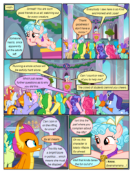 Size: 612x792 | Tagged: safe, artist:newbiespud, edit, edited screencap, screencap, auburn vision, berry blend, berry bliss, bifröst, citrine spark, cozy glow, fire quacker, gallus, huckleberry, loganberry, november rain, ocellus, peppermint goldylinks, sandbar, silverstream, slate sentiments, smolder, strawberry scoop, summer meadow, tune-up, yona, changedling, changeling, classical hippogriff, dragon, earth pony, griffon, hippogriff, pegasus, pony, yak, comic:friendship is dragons, g4, background pony, background pony audience, cheering, comic, dialogue, dragoness, female, filly, freckles, friendship student, grin, looking up, male, mare, raised hoof, screencap comic, smiling, stallion, suspicious