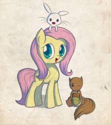 Size: 700x790 | Tagged: safe, artist:xasthurr, angel bunny, fluttershy, pegasus, pony, rabbit, squirrel, g4, acorn, animal, cute, female, one eye closed, open mouth, shyabetes, solo