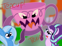 Size: 1862x1360 | Tagged: safe, artist:puperhamster, starlight glimmer, trixie, pony, unicorn, g4, cup, monster, teacup, teacup monster, that pony sure does love teacups, xk-class end-of-the-kitchen scenario, xk-class end-of-the-world scenario