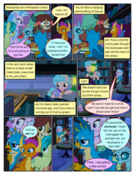 Size: 612x792 | Tagged: safe, artist:newbiespud, edit, edited screencap, screencap, cozy glow, gallus, ocellus, sandbar, silverstream, smolder, yona, changedling, changeling, classical hippogriff, dragon, earth pony, firefly (insect), griffon, hippogriff, pegasus, pony, yak, comic:friendship is dragons, g4, what lies beneath, book, bookshelf, comic, dialogue, dragoness, eyes closed, female, filly, flying, food, frown, hiding, hoof hold, lantern, looking down, male, pretzel, saddle bag, screencap comic, smiling, student six, surprised, suspicious, wide eyes