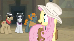 Size: 1600x900 | Tagged: safe, screencap, biff, fluttershy, rogue (g4), withers, earth pony, pegasus, pony, daring doubt, g4, fedora, female, hat, henchmen, male, mare, saddle bag, sideburns, stallion, sun hat, sunglasses
