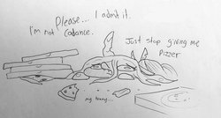 Size: 1643x880 | Tagged: safe, artist:tjpones, queen chrysalis, pony, g4, adorable distress, cute, cutealis, female, food, lineart, monochrome, peetzer, pizza, pizza box, sketch, solo, stomach ache, traditional art, tummy ache