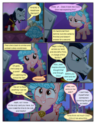 Size: 612x792 | Tagged: safe, artist:newbiespud, edit, edited screencap, screencap, chancellor neighsay, cozy glow, pegasus, pony, unicorn, comic:friendship is dragons, g4, angry, annoyed, chair, comic, desk, dialogue, female, filly, freckles, grin, looking down, looking up, male, nervous, raised hoof, screencap comic, sitting, smiling, stallion, table