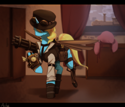Size: 2100x1800 | Tagged: safe, artist:arthoof, oc, oc only, oc:skydreams, pony, unicorn, amputee, artificial wings, augmented, aviator goggles, clothes, female, goggles, hat, mare, mechanical wing, minigun, prosthetic leg, prosthetic limb, prosthetics, solo, steampunk, vest, wings, ych result