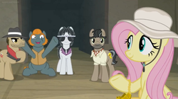 Size: 1600x898 | Tagged: safe, screencap, biff, doctor caballeron, fluttershy, rogue (g4), withers, earth pony, pegasus, pony, daring doubt, g4, cheering, fedora, female, happy, hat, henchmen, male, mare, smiling, stallion, sun hat, sunglasses, truth talisman