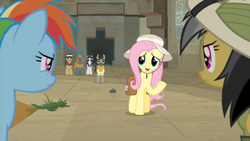 Size: 1600x900 | Tagged: safe, screencap, biff, daring do, doctor caballeron, fluttershy, rainbow dash, rogue (g4), withers, earth pony, pegasus, pony, daring doubt, g4, clothes, fedora, female, hat, henchmen, male, mare, pith helmet, saddle bag, shirt, stallion, sun hat, sunglasses, suspicious, temple