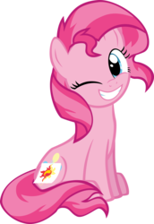 Size: 6587x9600 | Tagged: safe, artist:ace play, pinkie pie, sunset shimmer, earth pony, pony, g4, absurd resolution, alternate hairstyle, cute, diapinkes, disguise, fake cutie mark, female, grin, one eye closed, seems legit, simple background, sitting, smiling, solo, transparent background, vector, wink