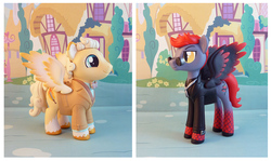 Size: 1429x850 | Tagged: safe, artist:krowzivitch, angel, angel pony, demon, demon pony, original species, pegasus, pony, aziraphale, clothes, craft, crowley, diorama, duo, duo male, figurine, good omens, jacket, male, ponified, sculpture, solo, stallion, standing, suit, sunglasses, toy, traditional art