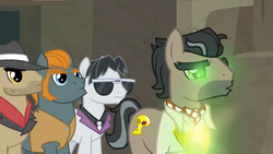 Size: 1600x900 | Tagged: safe, screencap, biff, doctor caballeron, rogue (g4), withers, earth pony, pony, daring doubt, g4, fedora, glowing, glowing eyes, hat, henchmen, male, stallion, sunglasses, sweat, truth talisman
