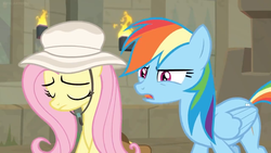 Size: 1600x900 | Tagged: safe, screencap, fluttershy, rainbow dash, pony, daring doubt, g4, hat, sad, sun hat, torch, upset