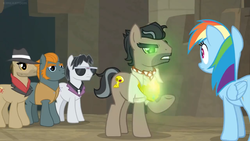 Size: 1600x900 | Tagged: safe, screencap, biff, doctor caballeron, rainbow dash, rogue (g4), withers, earth pony, pegasus, pony, daring doubt, g4, fedora, female, glowing, glowing eyes, hat, henchmen, male, mare, stallion, sunglasses, surprised, truth talisman