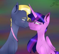 Size: 1280x1179 | Tagged: safe, artist:sweetblaze, star tracker, twilight sparkle, alicorn, earth pony, pony, g4, blushing, boop, female, looking at each other, male, mare, noseboop, profile, ship:twitracker, shipping, stallion, straight, twilight sparkle (alicorn)