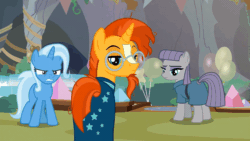 Size: 800x450 | Tagged: safe, screencap, maud pie, sunburst, trixie, earth pony, pony, unicorn, g4, student counsel, angry, animated, balloon, blinking, clothes, eyebrows, eyeshadow, faic, female, glasses, gritted teeth, implied mudbriar, makeup, male, mare, maud pie is not amused, raised eyebrow, robe, stallion, sunburst is not amused, sunburst's cloak, sunburst's glasses, trixie is not amused, unamused