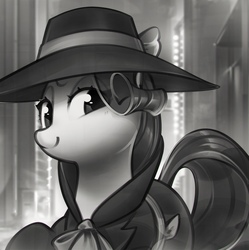 Size: 1600x1607 | Tagged: safe, artist:mirroredsea, rarity, pony, unicorn, g4, clothes, cute, detective rarity, eye clipping through hair, female, grayscale, hat, lidded eyes, looking at you, mare, monochrome, raribetes, smiling, solo
