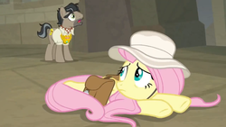 Size: 1600x900 | Tagged: safe, screencap, doctor caballeron, fluttershy, earth pony, pegasus, pony, daring doubt, g4, duo, female, hat, male, mare, saddle bag, stallion, sun hat, truth talisman
