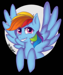 Size: 646x764 | Tagged: safe, artist:torinight, rainbow dash, pegasus, pony, g4, abstract background, bust, cute, dashabetes, female, mare, out of frame, smiling, solo, spread wings, wings