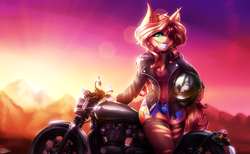 Size: 3650x2245 | Tagged: safe, artist:drizziedoodles, sunset shimmer, unicorn, anthro, g4, belt, breasts, choker, cleavage, clothes, daisy dukes, denim shorts, desert, ear piercing, female, helmet, high res, jacket, leather jacket, looking at you, motorcycle, motorcycle helmet, piercing, ripped stockings, shorts, skull, smiling, solo, stockings, sunset, thigh highs