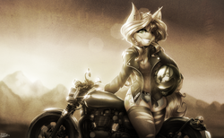 Size: 3650x2245 | Tagged: safe, artist:drizziedoodles, sunset shimmer, unicorn, anthro, g4, belt, breasts, choker, cleavage, clothes, daisy dukes, denim shorts, desert, ear piercing, helmet, high res, jacket, leather jacket, looking at you, motorcycle, old photo, piercing, ripped stockings, sepia, shorts, skull, smiling, stockings, sunset, thigh highs