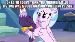 Size: 888x499 | Tagged: safe, edit, edited screencap, screencap, edith, silverstream, classical hippogriff, cockatrice, hippogriff, g4, student counsel, caption, cartoonito logo, female, image macro, implied gallstream, implied gallus, jewelry, marriage, necklace, red eyes, text, treehouse of harmony, wedding