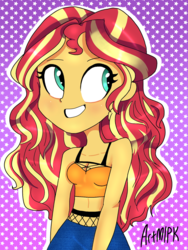 Size: 1536x2048 | Tagged: safe, artist:artmlpk, sunset shimmer, equestria girls, g4, belly button, blushing, breasts, cleavage, clothes, curly hair, cute, female, fishnet stockings, jeans, looking up, midriff, pants, shimmerbetes, sleeveless, smiling, solo, tank top