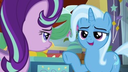 Size: 1920x1080 | Tagged: safe, screencap, starlight glimmer, trixie, pony, unicorn, a horse shoe-in, g4, female, lidded eyes, mare, trixie's wagon