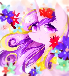 Size: 1800x2000 | Tagged: safe, artist:double happiness, princess cadance, alicorn, pony, g4, blushing, bust, cute, cutedance, female, flower, flower in hair, looking at you, mare, pixiv, portrait, smiling, solo