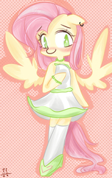 Size: 1153x1834 | Tagged: safe, artist:double happiness, fluttershy, semi-anthro, g4, arm hooves, blushing, bracelet, clothes, cute, dress, ear piercing, earring, female, floppy ears, jewelry, looking at you, necklace, piercing, pixiv, shoes, shyabetes, smiling, socks, solo, spread wings, strapless dress, wings