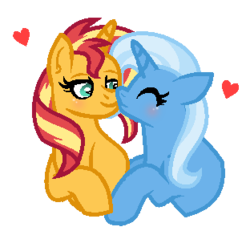 Size: 312x298 | Tagged: safe, artist:darbypop1, sunset shimmer, trixie, pony, unicorn, g4, blushing, cropped, female, heart, lesbian, mare, ship:suntrix, shipping, simple background, transparent background