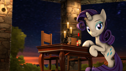 Size: 3840x2160 | Tagged: safe, artist:apexpredator923, rarity, pony, unicorn, g4, 3d, alcohol, bottle, candle, dusk, female, high res, lidded eyes, looking at you, mare, smiling, solo, sunset, table, wine, wine bottle, wine glass