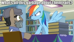 Size: 960x540 | Tagged: safe, edit, edited screencap, screencap, doctor caballeron, rainbow dash, earth pony, pegasus, pony, daring doubt, g4, book, bookshelf, bookstore, caption, chemtrails, conspiracy, conspiracy theory, discovery family logo, disguise, duo, fake beard, female, flat cap, groom q.q. martingale, hat, image macro, male, mare, stallion, text