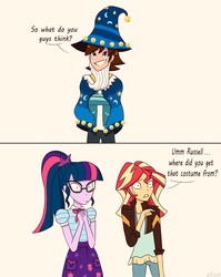 Size: 2352x2957 | Tagged: safe, artist:elioo, sci-twi, sunset shimmer, twilight sparkle, equestria girls, g4, my little pony equestria girls: better together, clothes, costume, crossover, geode of telekinesis, high res, implied starswirl, magical geodes, russell clay, star swirl the bearded costume, transformers, transformers robots in disguise (2015)