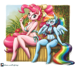Size: 1875x1675 | Tagged: safe, artist:king-kakapo, pinkie pie, rainbow dash, earth pony, pegasus, anthro, unguligrade anthro, g4, adorasexy, belly button, bikini, blushing, breasts, cleavage, clothes, cute, dashabetes, diapinkes, digital art, duo, eating, female, food, mare, midriff, patreon, patreon logo, popsicle, sexy, size difference, smiling, sports swimsuit, spread wings, swimsuit, tankini, wings