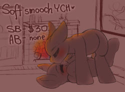 Size: 1942x1432 | Tagged: safe, artist:adostume, pony, advertisement, commission, couple, cute, eyes closed, fireplace, forehead kiss, kissing, shipping, your character here