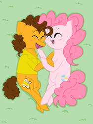 Size: 864x1152 | Tagged: safe, artist:kirbyrainboom, cheese sandwich, pinkie pie, earth pony, pony, g4, blushing, eyes closed, female, grass, happy, holding hooves, male, ms paint, on side, open mouth, ship:cheesepie, shipping, signature, straight