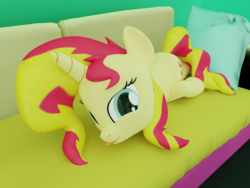 Size: 2000x1500 | Tagged: safe, artist:extremespeed slowpoke, sunset shimmer, pony, unicorn, g4, 3d, blender, couch, cute, female, mare, shimmerbetes, solo, sunset shimmer day