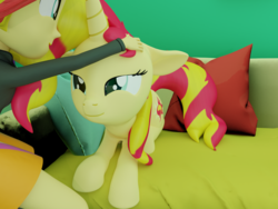 Size: 2000x1500 | Tagged: safe, artist:extremespeed slowpoke, sunset shimmer, human, pony, unicorn, equestria girls, g4, 3d, blender, couch, cute, female, mare, self ponidox, shimmerbetes, sunset shimmer day