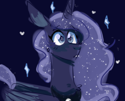 Size: 1192x957 | Tagged: safe, artist:no-name-blog-scree, princess luna, alicorn, pony, g4, blue background, ethereal mane, female, heart, mare, missing accessory, peytral, simple background, solo, sparkly eyes, sparkly mane, stars, wingding eyes