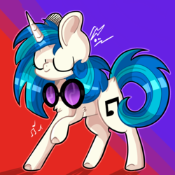 Size: 1000x1000 | Tagged: safe, artist:nootnuts, dj pon-3, vinyl scratch, pony, unicorn, g4, chest fluff, colored hooves, eyes closed, female, leg fluff, mare, music notes, solo