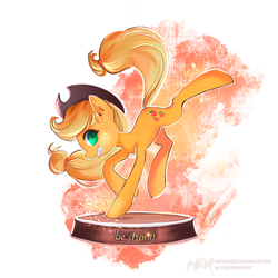 Size: 1200x1200 | Tagged: safe, artist:greyredroy, part of a set, applejack, earth pony, pony, fallout equestria, g4, abstract background, bucking, cowboy hat, fanfic, fanfic art, female, grin, hat, hooves, mare, ministry mares, ministry mares statuette, smiling, solo