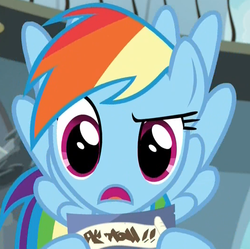 Size: 1059x1054 | Tagged: safe, screencap, rainbow dash, pegasus, pony, daring doubt, animation error, cropped, female, flying, mare, missing nose, no nose, raised eyebrow, suspicious