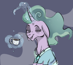 Size: 862x768 | Tagged: safe, artist:no-name-blog-scree, mistmane, pony, g4, abstract background, clothes, cup, ethereal mane, eyes closed, female, floppy ears, glowing horn, horn, mare, request, smiling, solo, teacup