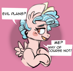 Size: 717x692 | Tagged: safe, artist:no-name-blog-scree, cozy glow, pegasus, pony, g4, abstract background, blatant lies, blushing, female, filly, lidded eyes, open mouth, request, solo, speech, speech bubble, spread wings, wings