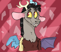 Size: 909x768 | Tagged: safe, artist:no-name-blog-scree, discord, draconequus, g4, abstract background, cute, discute, floppy ears, looking sideways, male, request, smiling, solo, spread wings, wings, younger